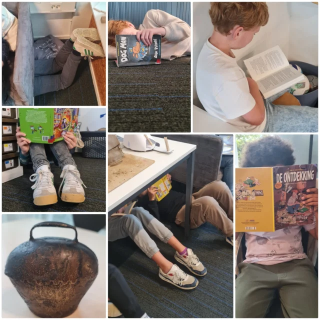 Altijd weer een hit tijdens de kinderboekenweek: Als de koebel gaat, stop je met waar je mee bezig bent, je zoekt een plekje en gaat heerlijk zitten/liggen lezen. Ook de meesters en juffen!#leesbevordering #lekkerlezen #kinderboekenweek2025 #basisschooldeprincenhof #leeuwarden #noorderbasis
